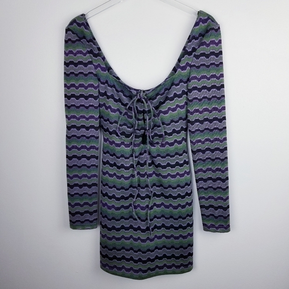 Zara Metallic Purple Green Glitter Chevron Patterned Long Sleeve Bodycon Dress - Picture 3 of 14